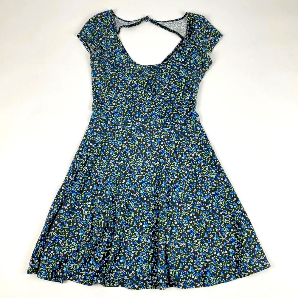 American Eagle Gray Mini Dress Blue Green Floral Print Cut Out Back Size Large - Picture 5 of 10